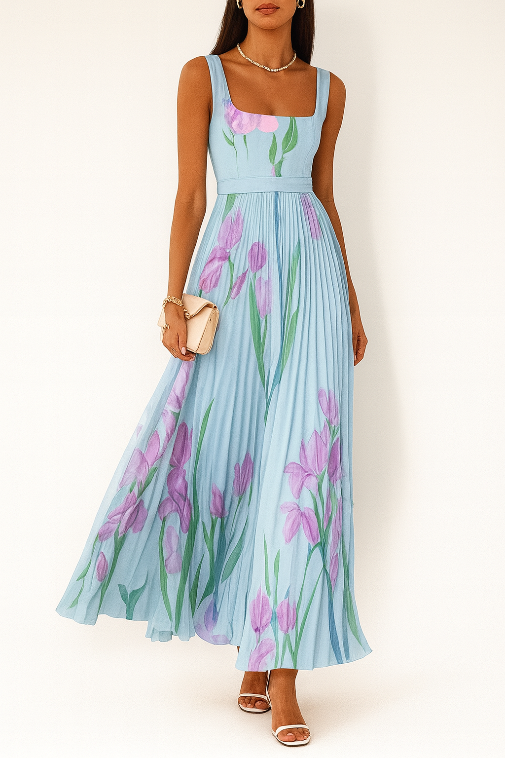 Deana | Women's Floral Pleated Square Neck Maxi Dress