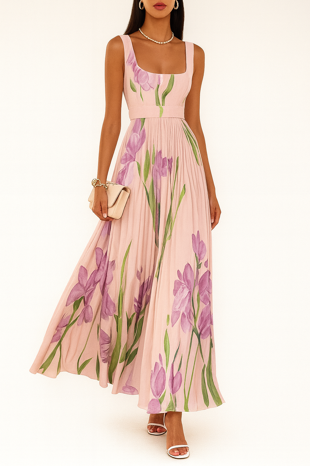 Deana | Women's Floral Pleated Square Neck Maxi Dress