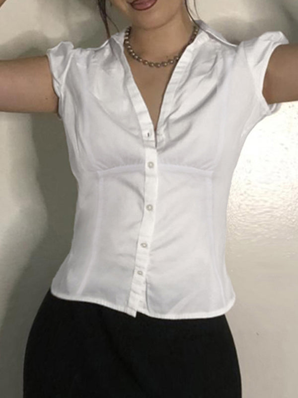 Dena | Women's Turn Down Collar Short Sleeve White Shirt