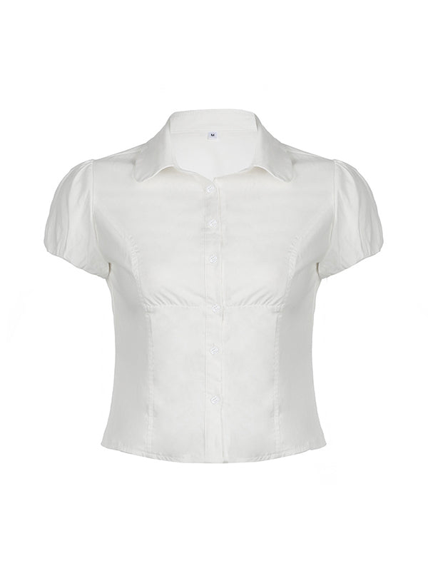 Dena | Women's Turn Down Collar Short Sleeve White Shirt