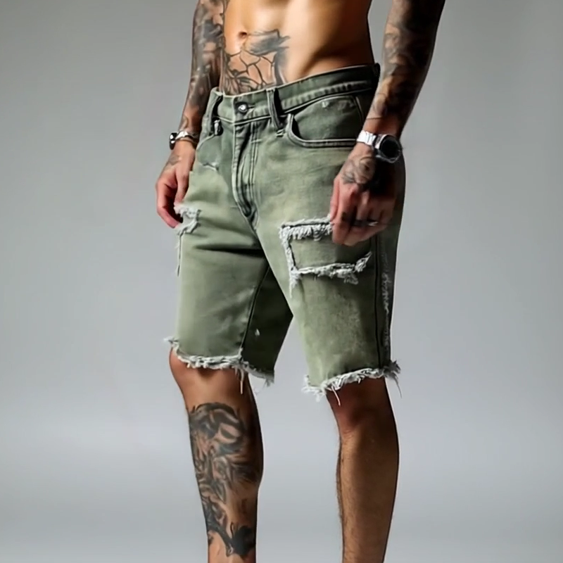 Dennis | Men's Slim Fit Ripped Denim Cargo Shorts