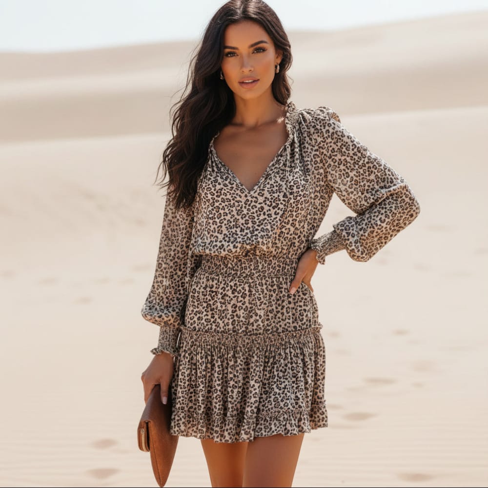 Dianna | Women's V-Neck Long Sleeve Boho Leopard Mini Dress