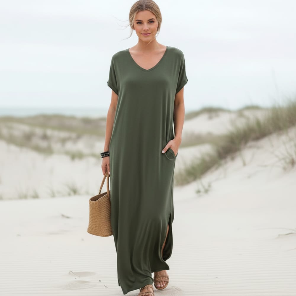 Dianne | Women's Flowy Short Sleeve V-Neck Boho Maxi Dress