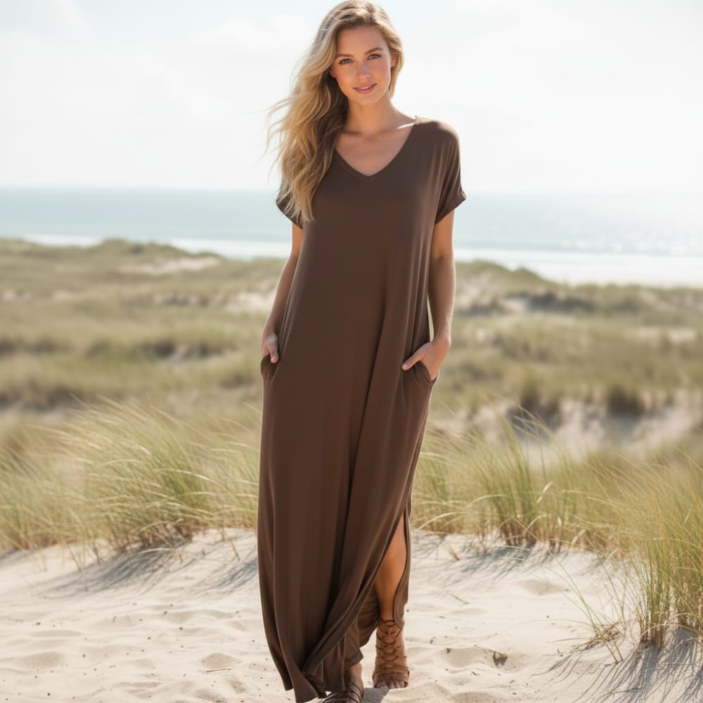 Dianne | Women's Flowy Short Sleeve V-Neck Boho Maxi Dress