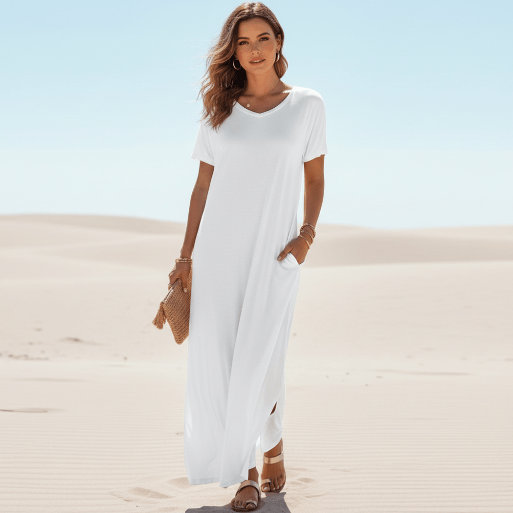 Dianne | Women's Flowy Short Sleeve V-Neck Boho Maxi Dress