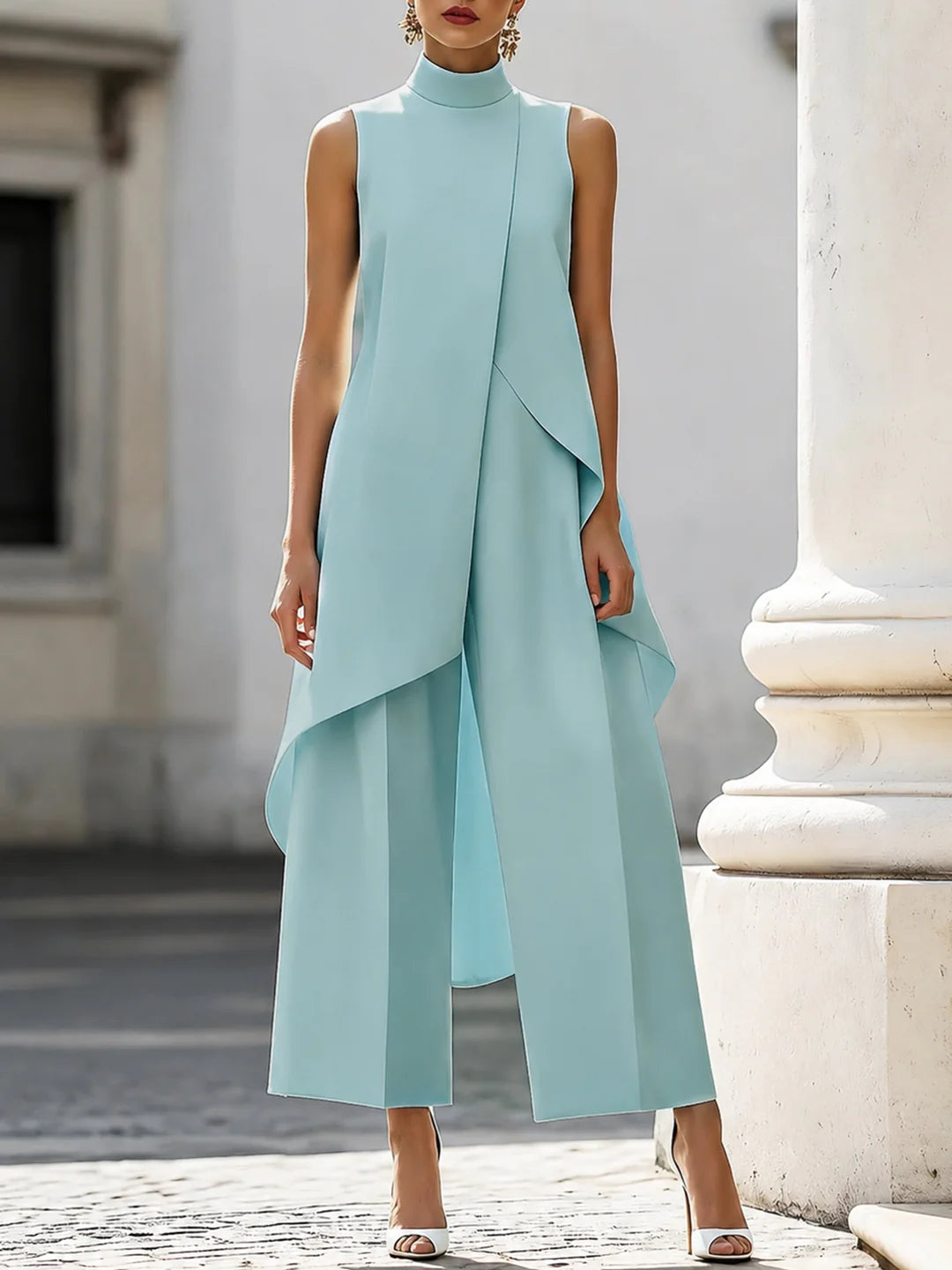 Elaine | Women's High Neck Wide Leg Sleeveless Two Piece Set