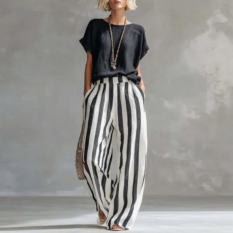 Ellie | Women’s Boat Neck Striped Wide Leg Two Piece Set