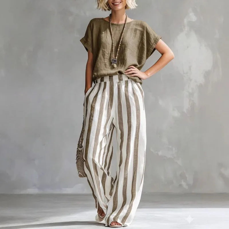 Ellie | Women’s Boat Neck Striped Wide Leg Two Piece Set