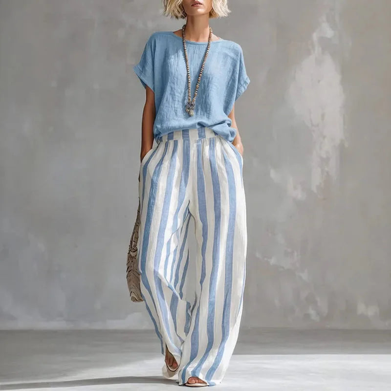 Ellie | Women’s Boat Neck Striped Wide Leg Two Piece Set