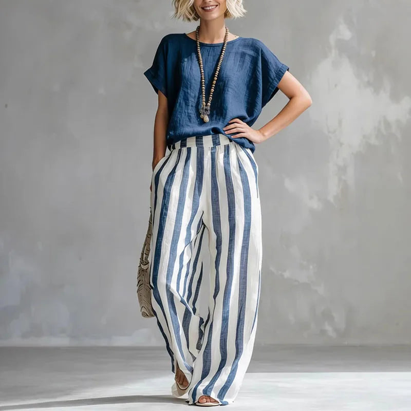 Ellie | Women’s Boat Neck Striped Wide Leg Two Piece Set