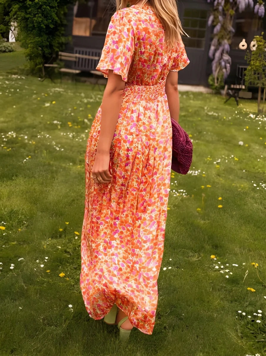 Emily | Women’s V Neck Short Sleeve Printed Maxi Dress