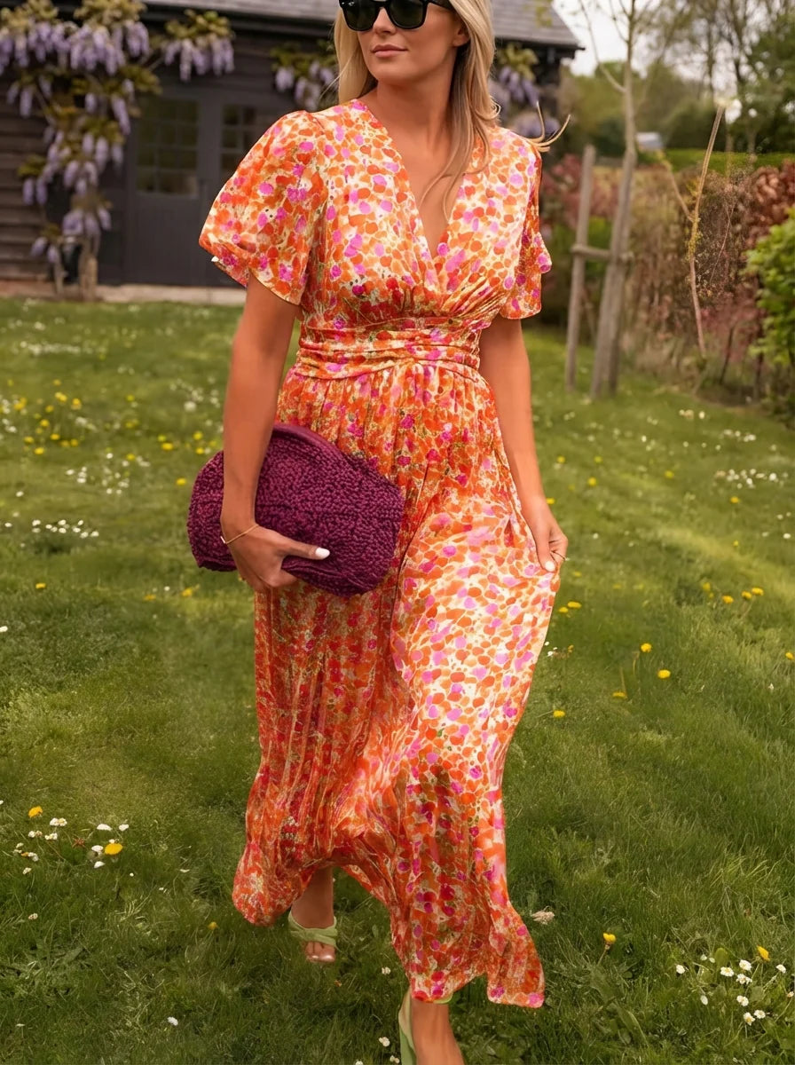Emily | Women’s V Neck Short Sleeve Printed Maxi Dress