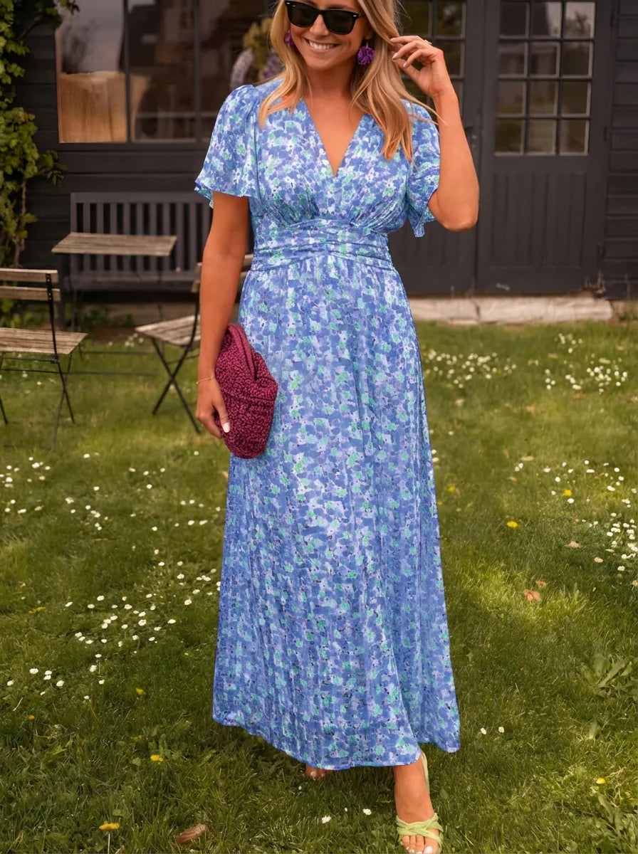 Emily | Women’s V Neck Short Sleeve Printed Maxi Dress
