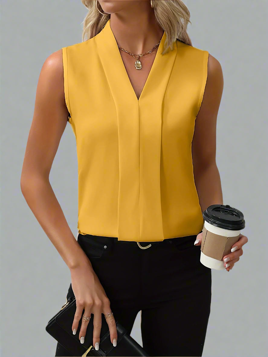 Emma | Women’s V Neck Pleated Sleeveless Blouse