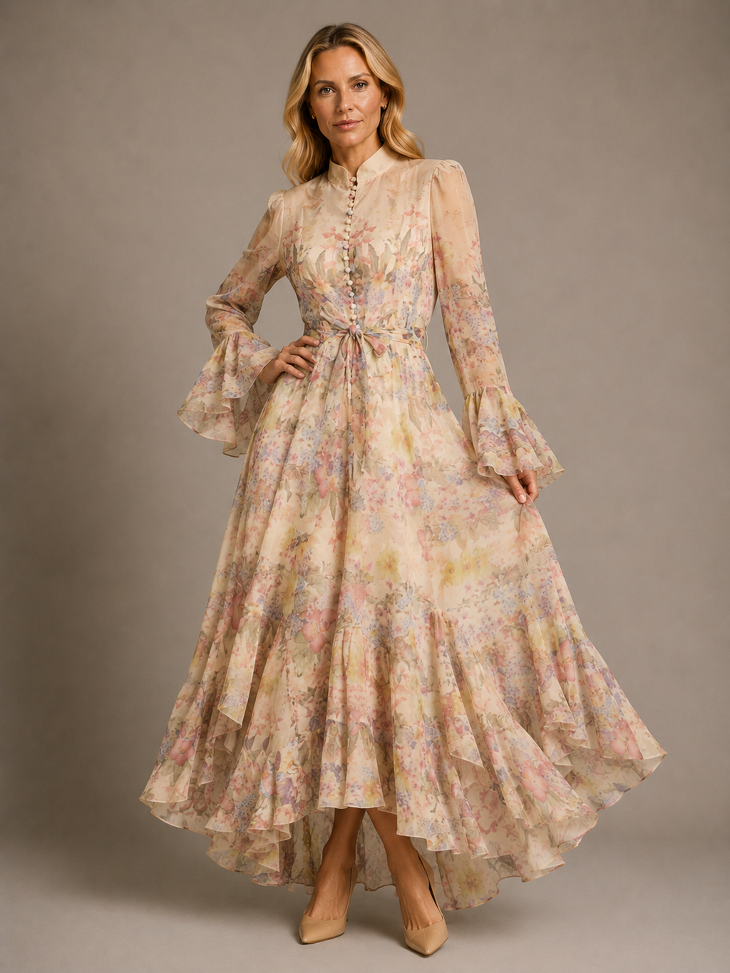 Emmy | Women's Floral High Neck Long Sleeve Ruffle Maxi Dress