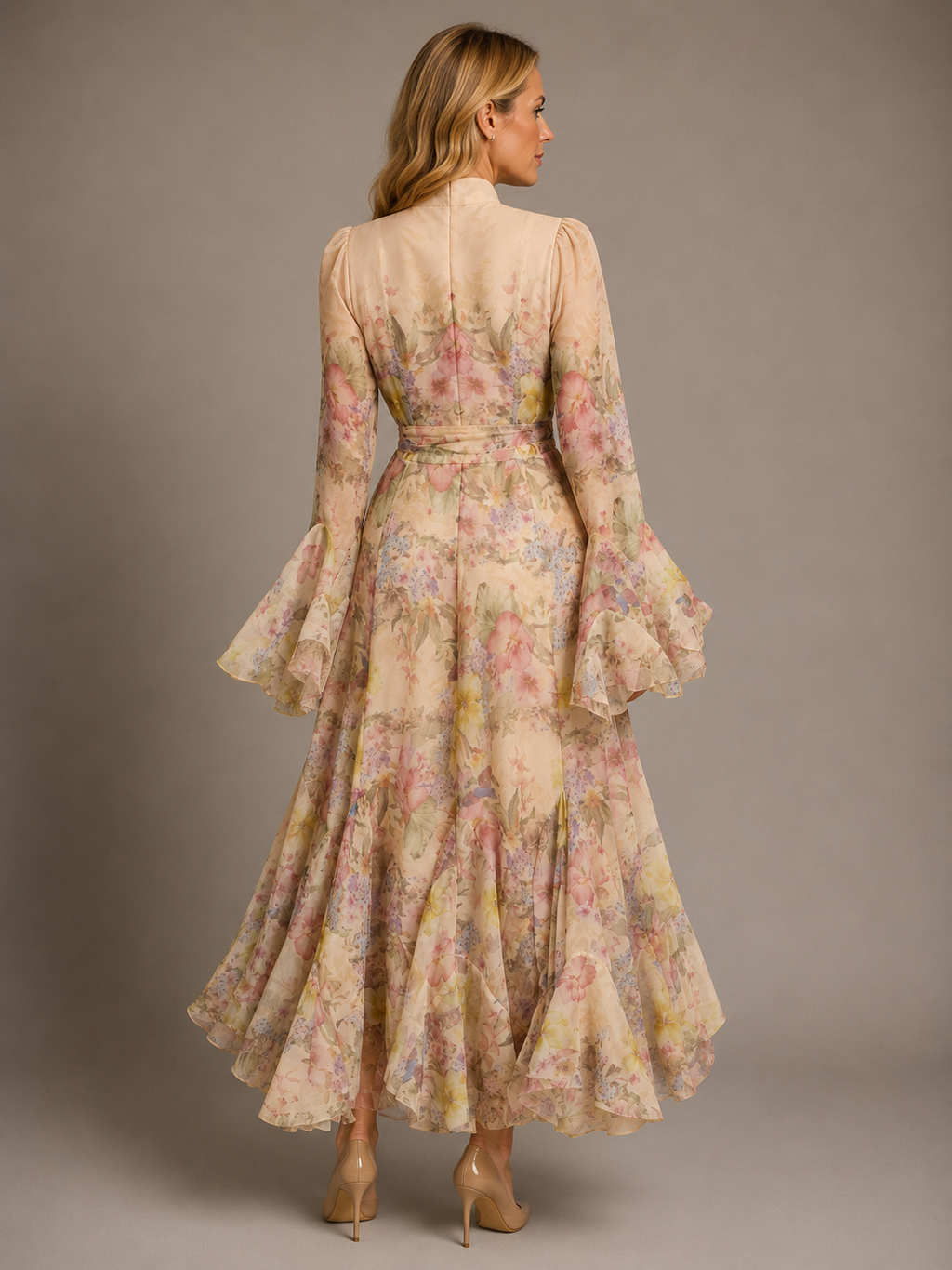 Emmy | Women's Floral High Neck Long Sleeve Ruffle Maxi Dress