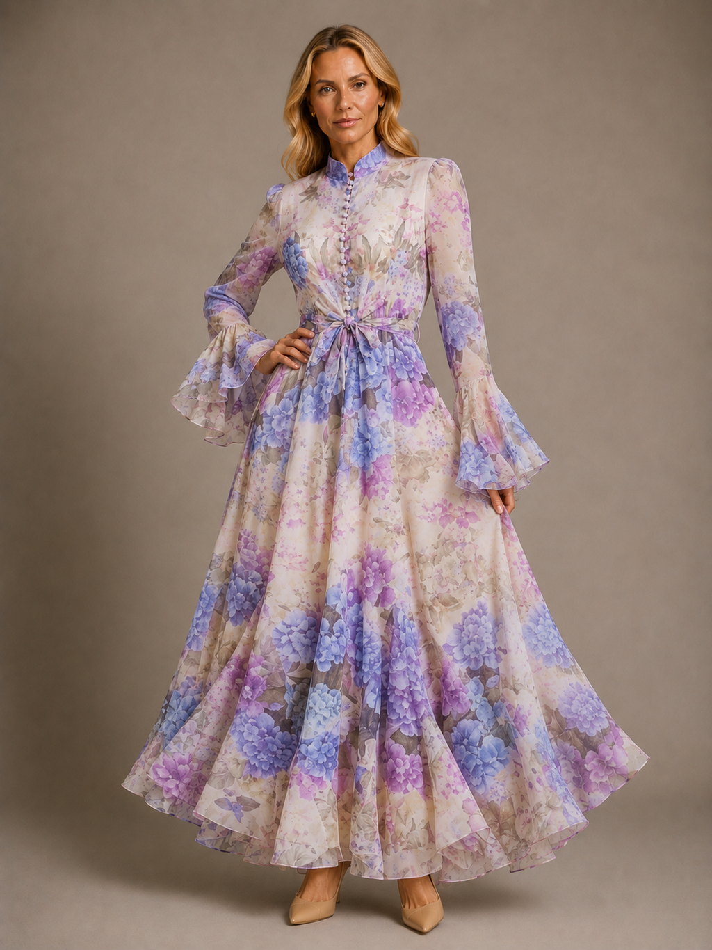 Emmy | Women's Floral High Neck Long Sleeve Ruffle Maxi Dress