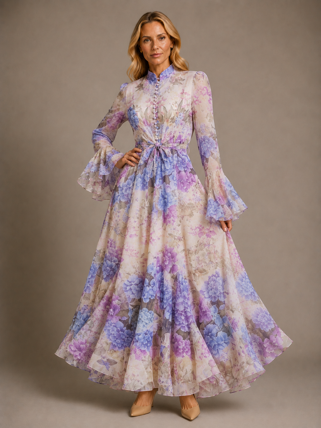 Emmy | Women's Floral High Neck Long Sleeve Ruffle Maxi Dress