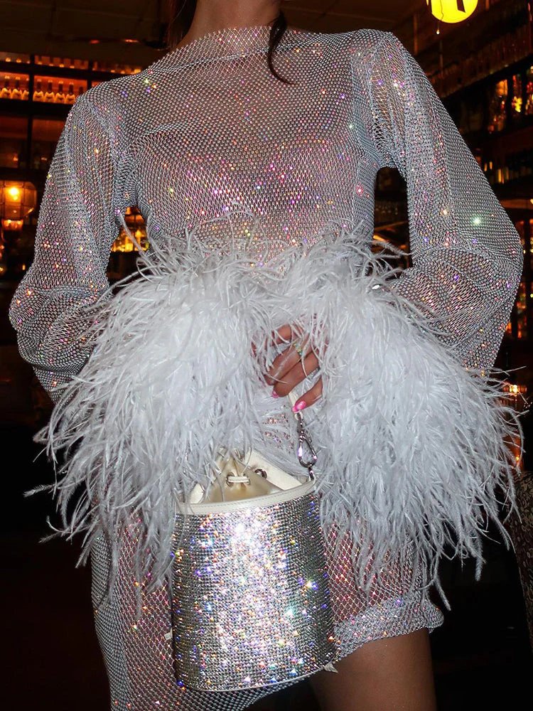 Estella | Women's Sparkly Boat Neck Long Sleeve Grad Party Mini Dress