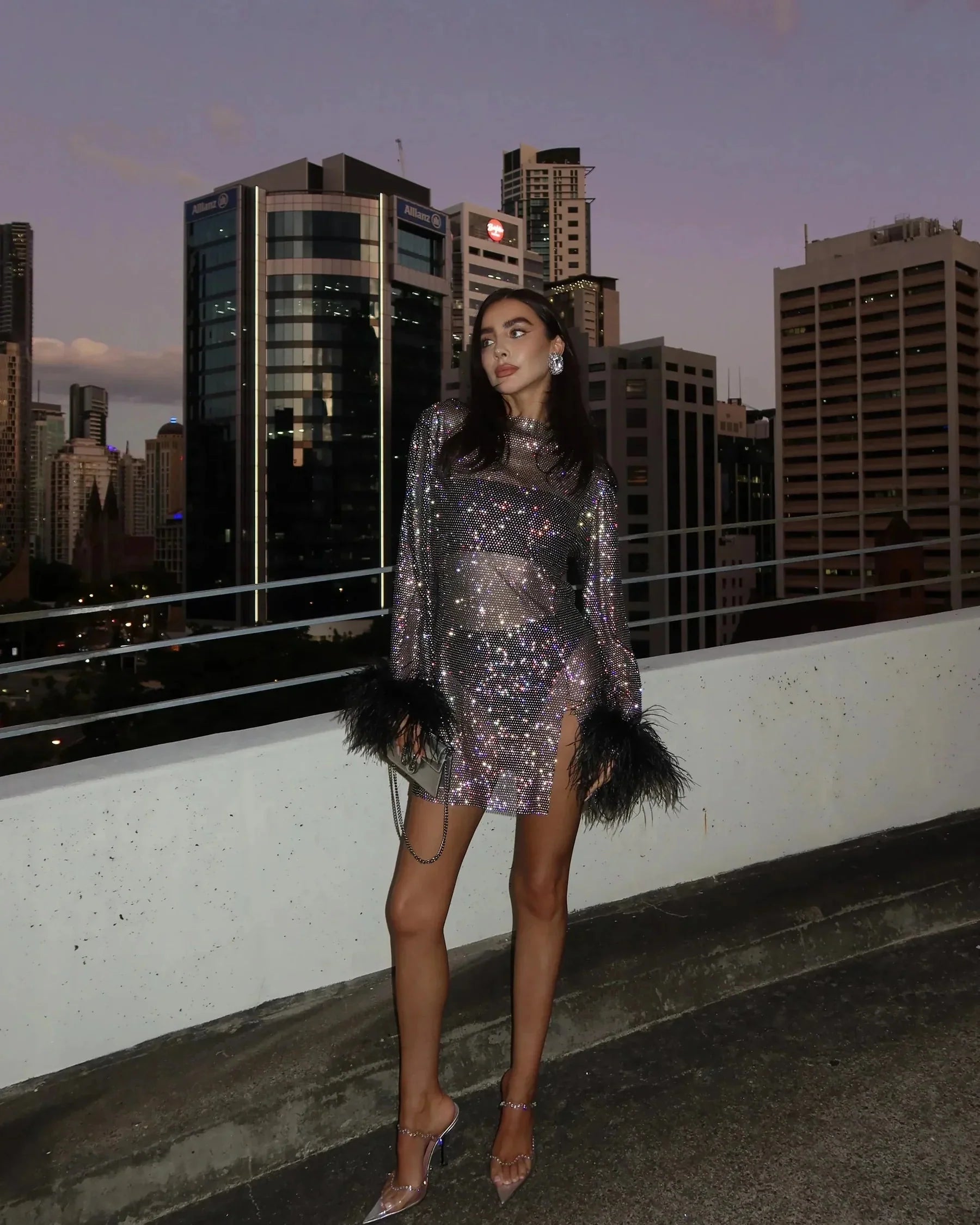 Estella | Women's Sparkly Boat Neck Long Sleeve Grad Party Mini Dress