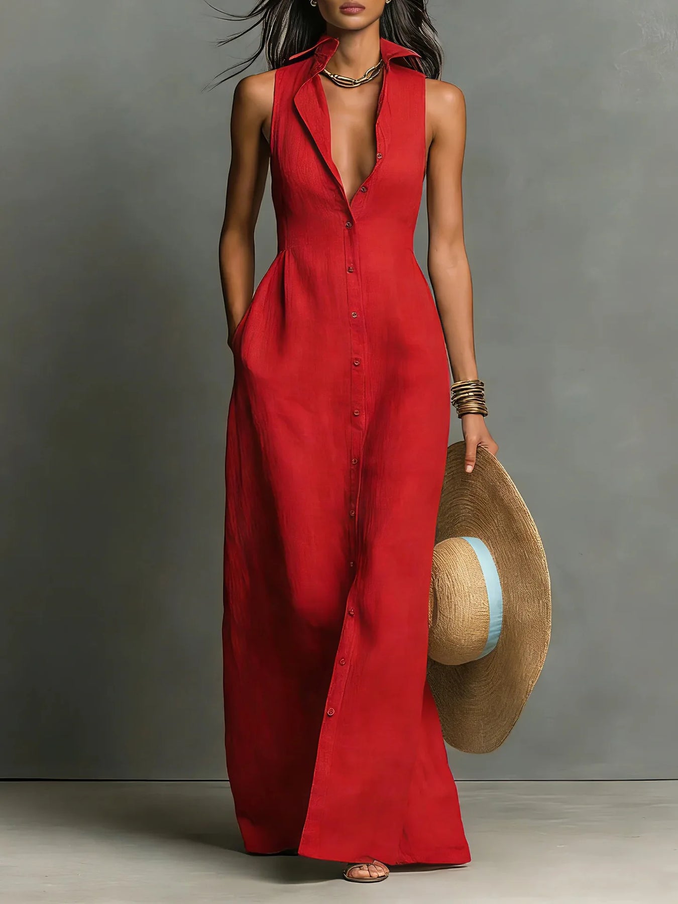 Evangeline | Women’s Collared Sleeveless V Neck Shirt Maxi Dress
