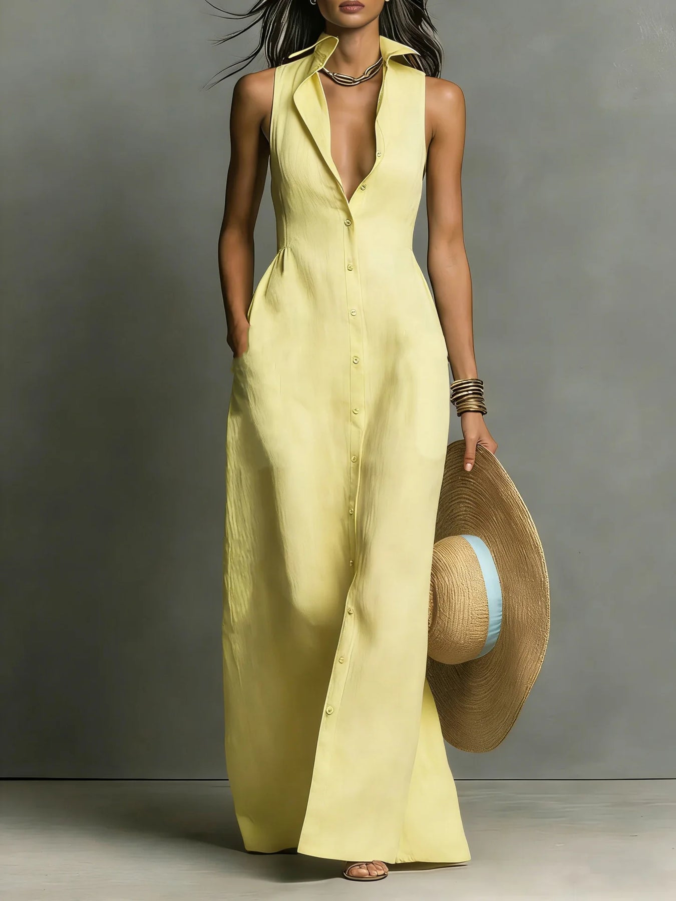 Evangeline | Women’s Collared Sleeveless V Neck Shirt Maxi Dress