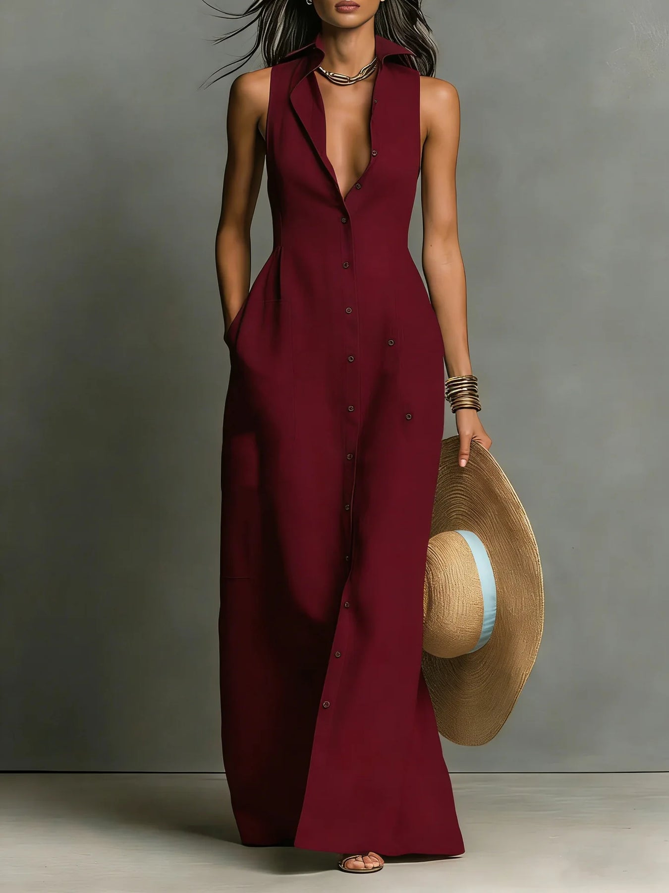 Evangeline | Women’s Collared Sleeveless V Neck Shirt Maxi Dress