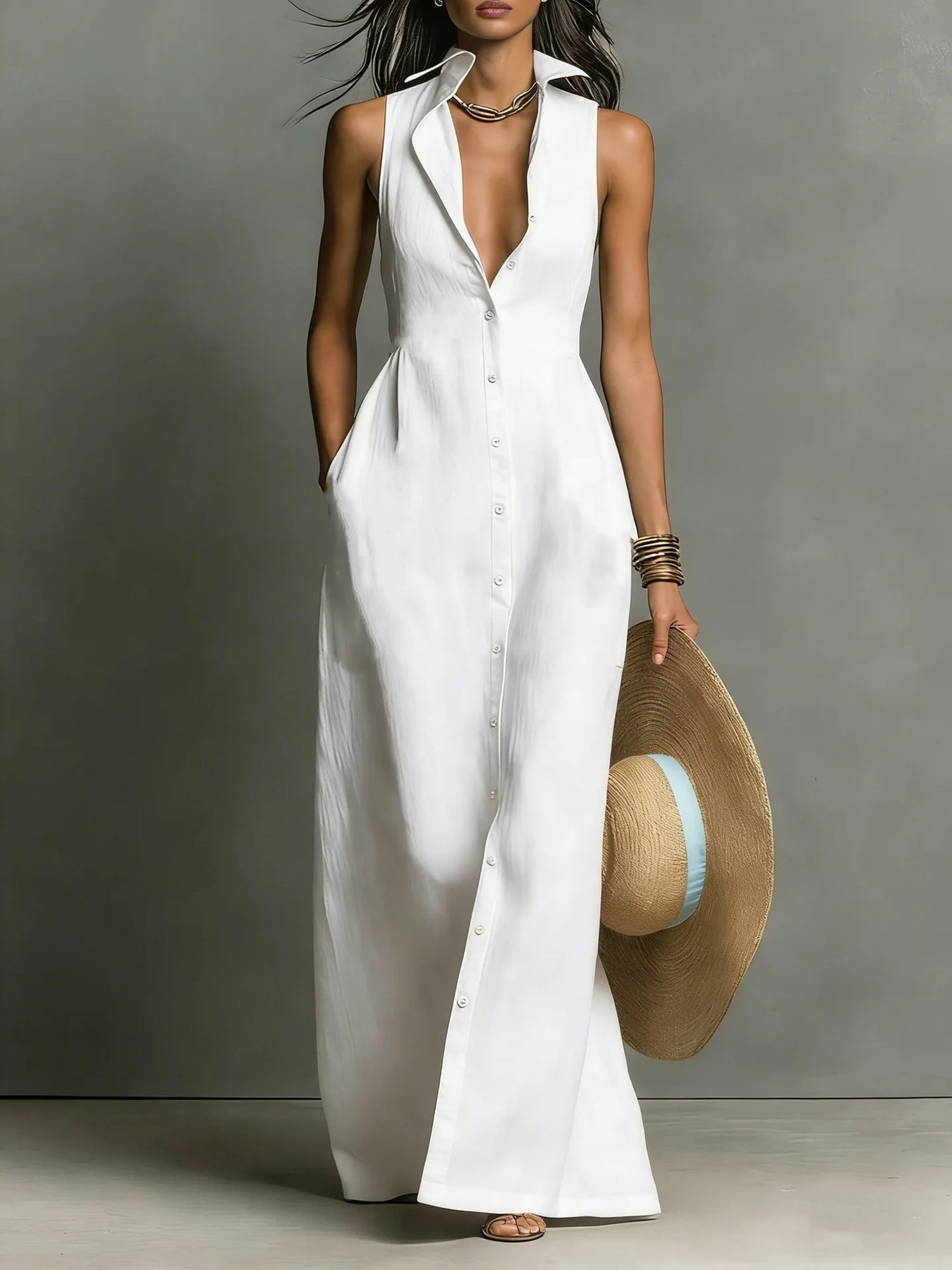 Evangeline | Women’s Collared Sleeveless V Neck Shirt Maxi Dress
