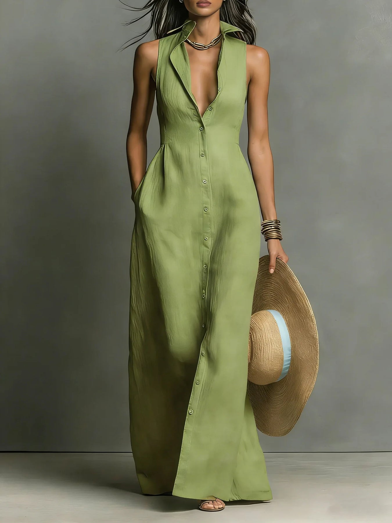 Evangeline | Women’s Collared Sleeveless V Neck Shirt Maxi Dress