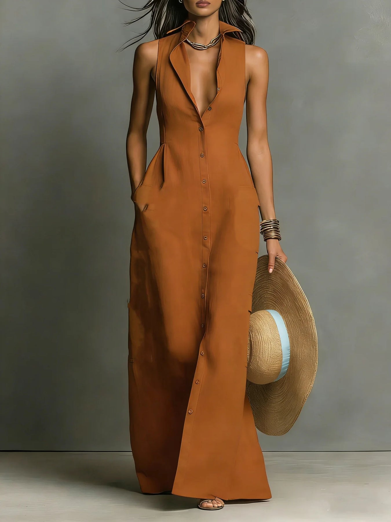 Evangeline | Women’s Collared Sleeveless V Neck Shirt Maxi Dress