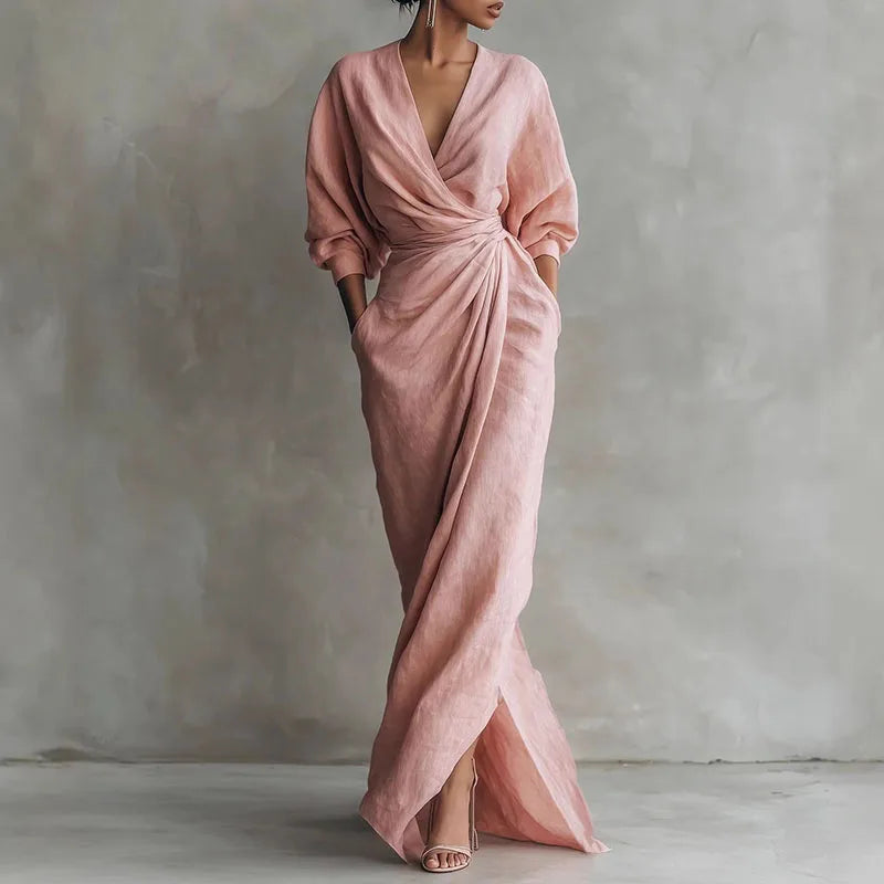 Evette | Women’s Draped High Slit V Neck Maxi Dress