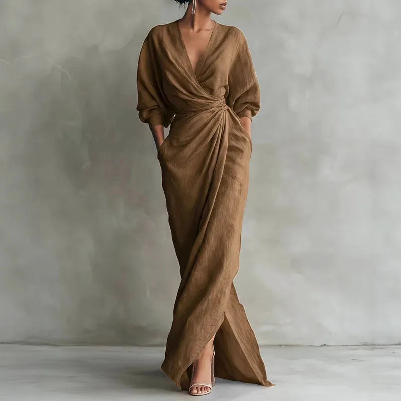 Evette | Women’s Draped High Slit V Neck Maxi Dress