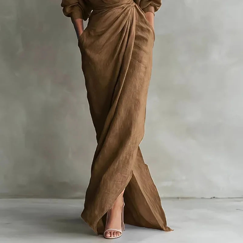 Evette | Women’s Draped High Slit V Neck Maxi Dress