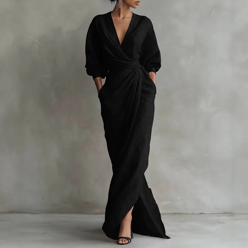 Evette | Women’s Draped High Slit V Neck Maxi Dress