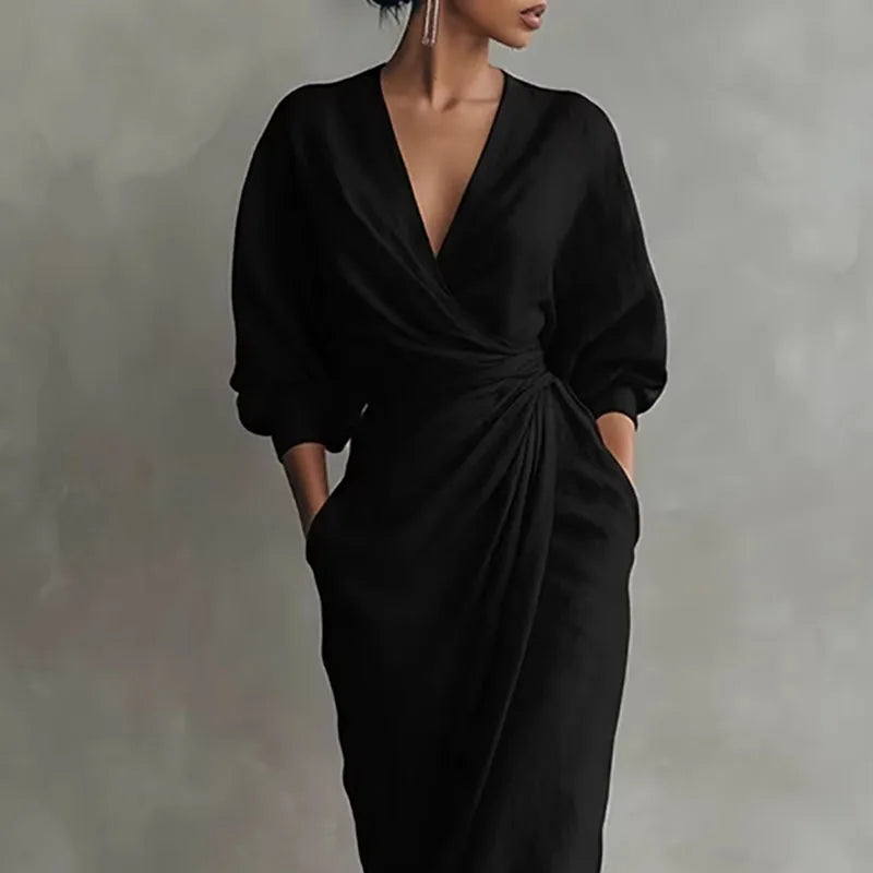 Evette | Women’s Draped High Slit V Neck Maxi Dress