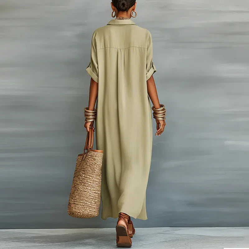 Faye | Women's Collared Button Front V Neck Shirt Maxi Dress