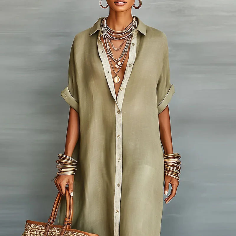 Faye | Women's Collared Button Front V Neck Shirt Maxi Dress