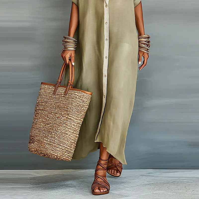 Faye | Women's Collared Button Front V Neck Shirt Maxi Dress