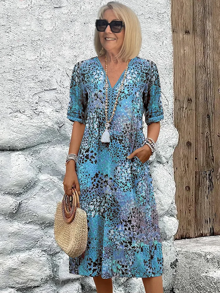 Freda | Women’s Floral Print V Neck Flowy Midi Dress
