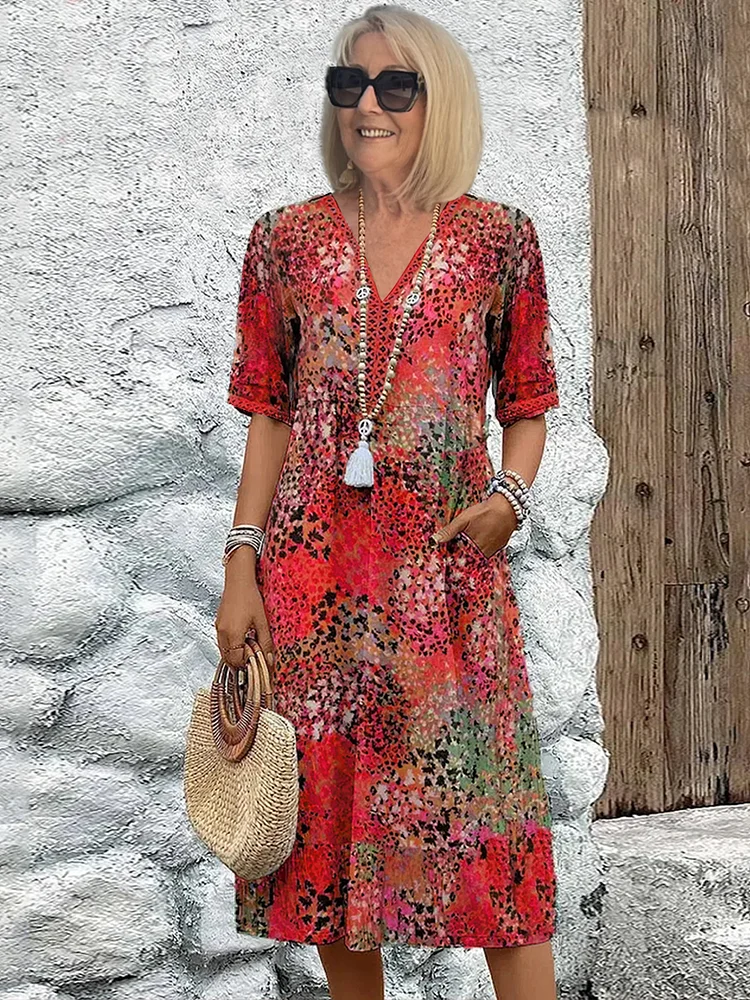 Freda | Women’s Floral Print V Neck Flowy Midi Dress