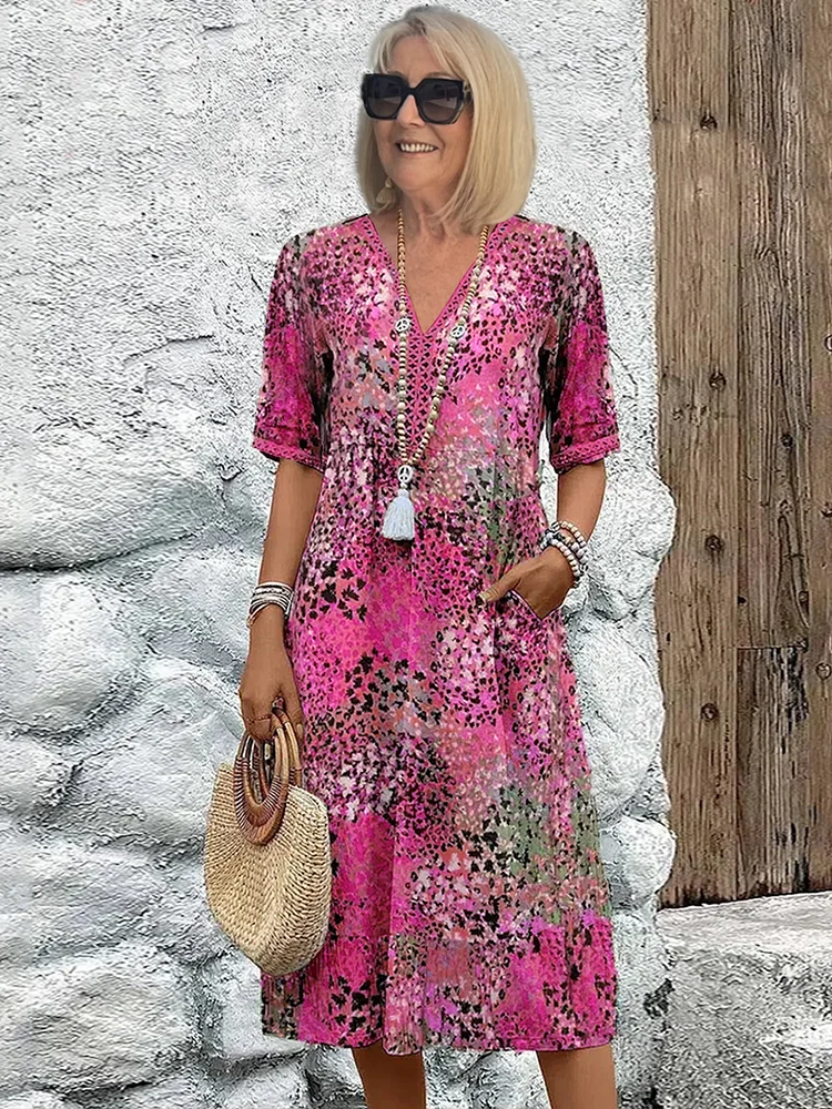 Freda | Women’s Floral Print V Neck Flowy Midi Dress