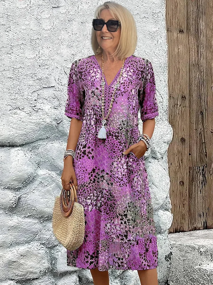 Freda | Women’s Floral Print V Neck Flowy Midi Dress