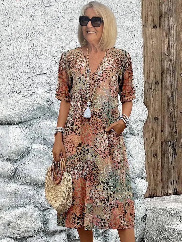 Freda | Women’s Floral Print V Neck Flowy Midi Dress