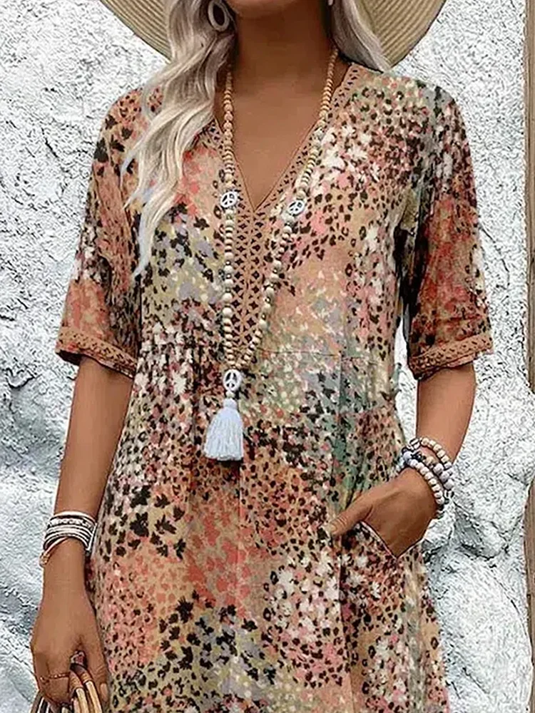 Freda | Women’s Floral Print V Neck Flowy Midi Dress