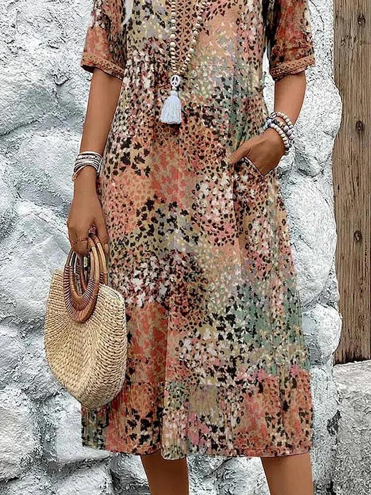 Freda | Women’s Floral Print V Neck Flowy Midi Dress
