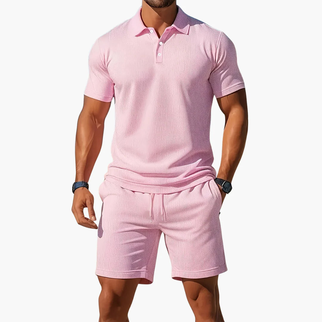 Freddie | Men's Textured Button Front Drawstring Short Sleeve Two Piece Set