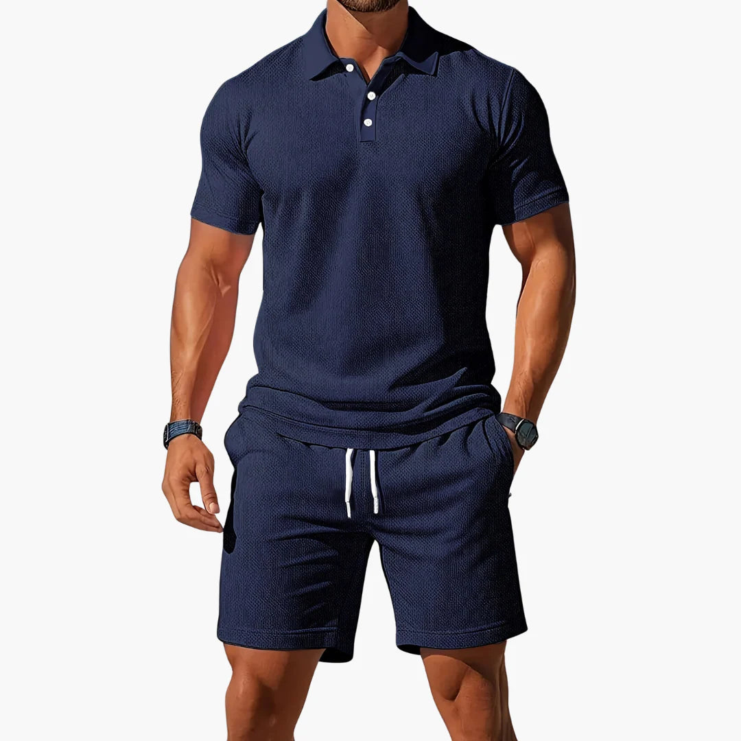 Freddie | Men's Textured Button Front Drawstring Short Sleeve Two Piece Set