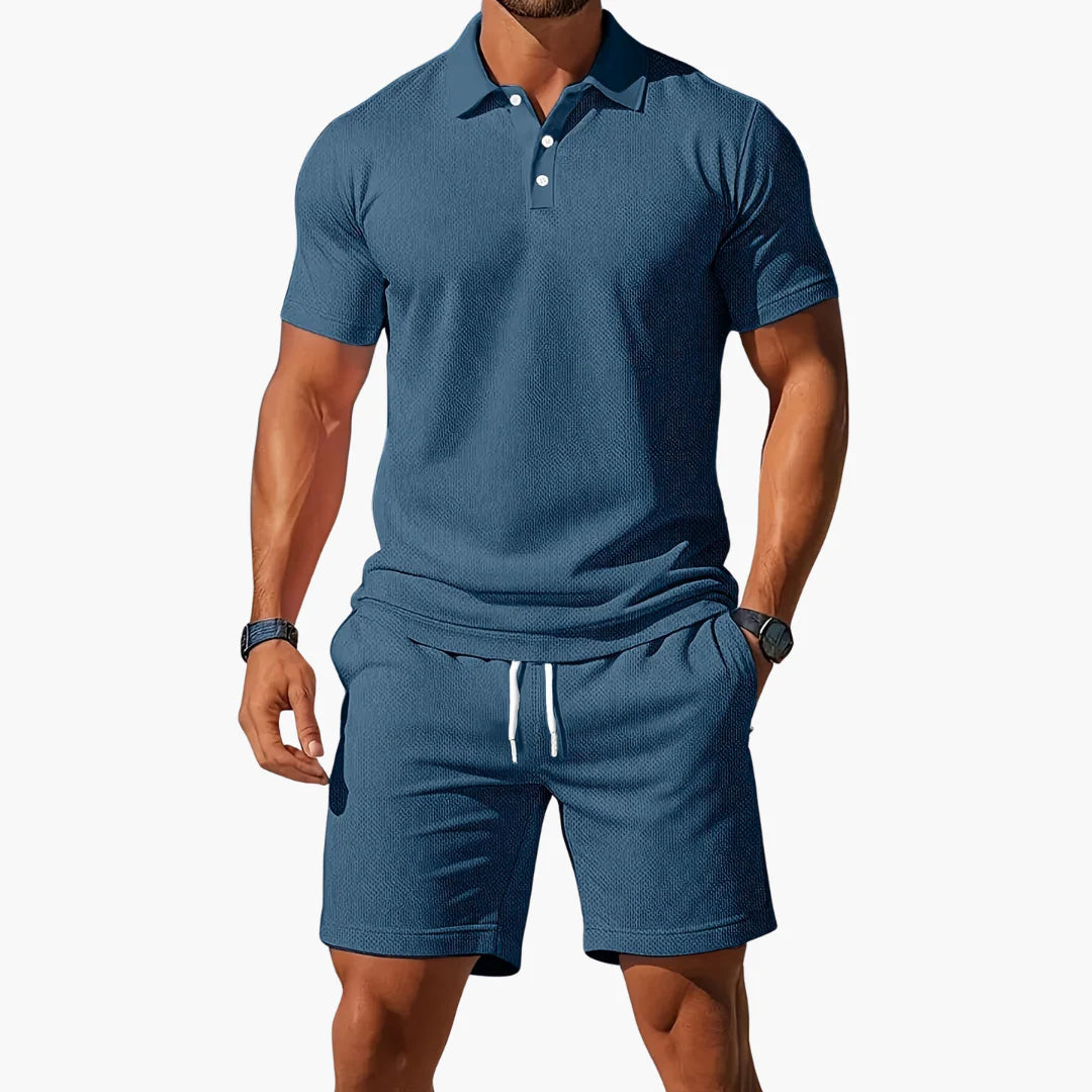 Freddie | Men's Textured Button Front Drawstring Short Sleeve Two Piece Set