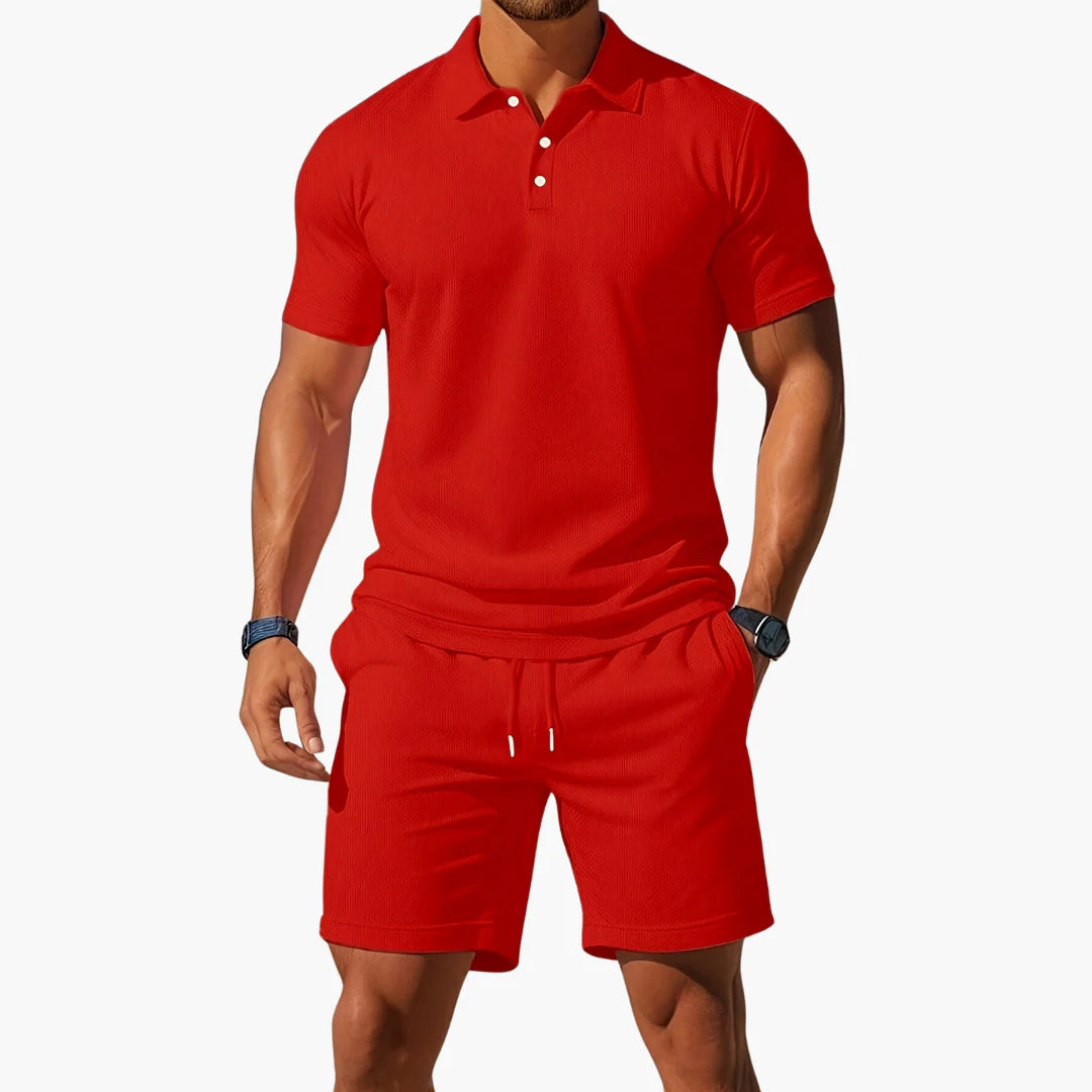 Freddie | Men's Textured Button Front Drawstring Short Sleeve Two Piece Set