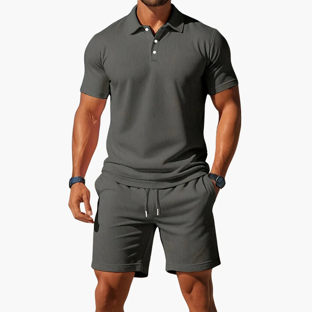 Freddie | Men's Textured Button Front Drawstring Short Sleeve Two Piece Set